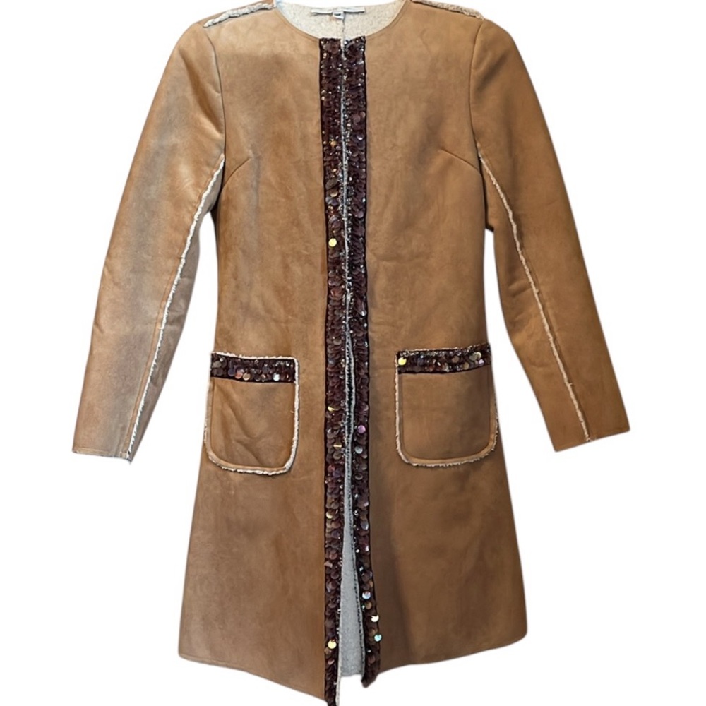 Vintage Monkey Wear Camel Suede Boho Girls Coat w/purple & gold sequins Size 12P
